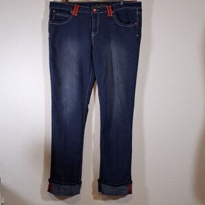 Out Jeans Women’s Dark Wash Jeans Size 16 Y2K Mid Rise Denim Red Accent Stretch